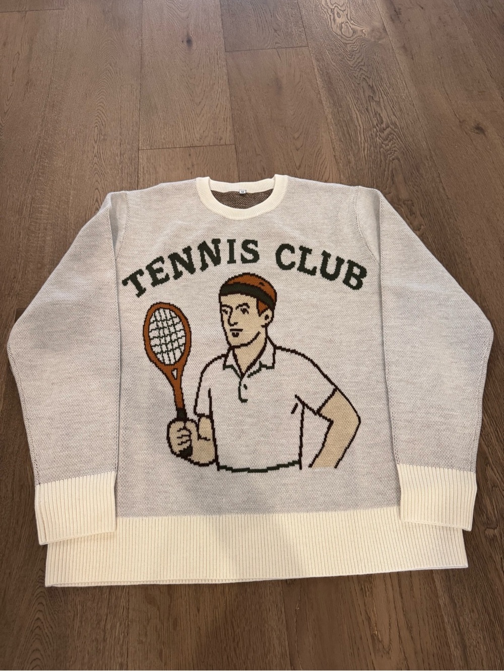 Tennis Club Graphic Crewneck knit Sweater - Cream & Light Gray